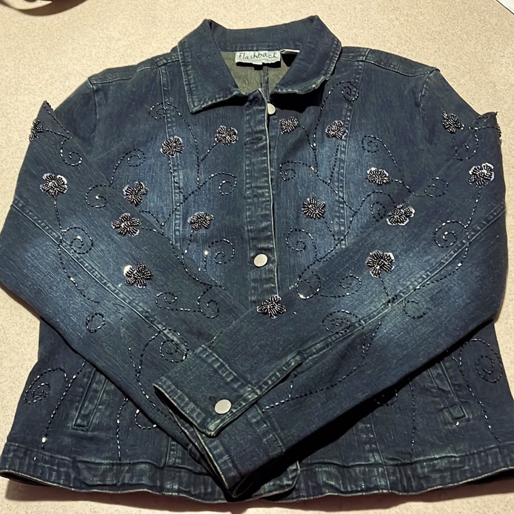 Black blue embellished beaded stretch denim jacket